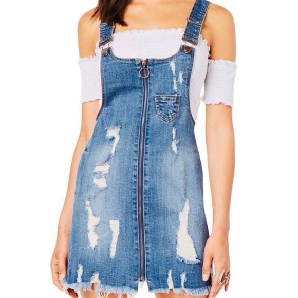Dollhouse Mini Denim Distressed Overall Dress Blue Size 7 - Picture 3 of 9
